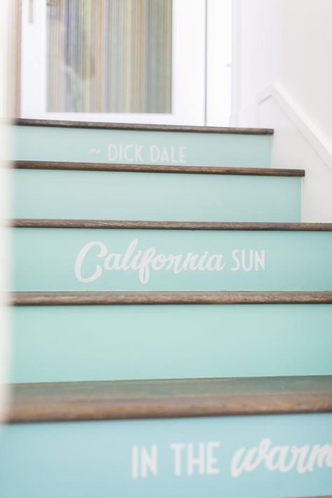 Blue Coastal Staircase | HGTV Stairway Decor Ideas, Coastal Cottage Living Room, Painted Oars, Rustic Staircase, Hamptons Beach House, Open Concept Great Room, Modern Stair Railing, Hgtv Designers, Stairway Decorating