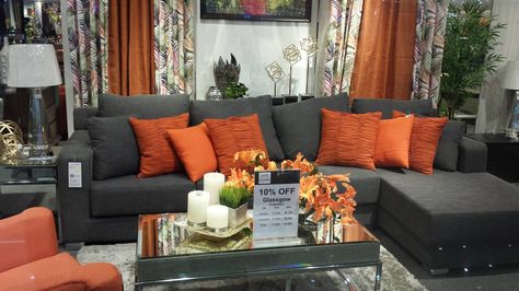 Dark Grey And Orange Living Room, Grey Orange Living Room, Gray And Orange Living Room Ideas, Orange And Gray Living Room, Orange And Grey Living Room Decor, Grey And Orange Living Room, Lounge Layout, Orange Aesthetics, Home Colour Design