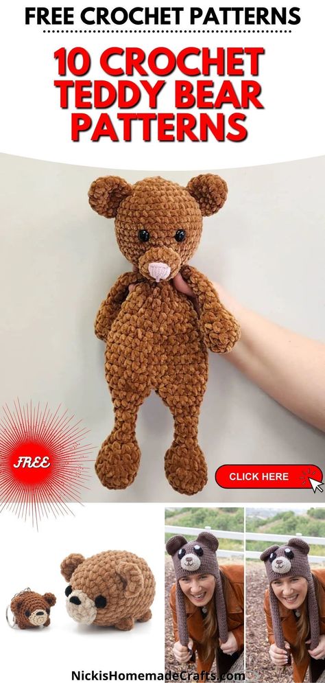 aniThis roundup includes teddy bear amigurumi patterns, as well as wearables and even practical teddy bear themed gifts. So if you or your loved one adores teddy bears, you're sure to find the perfect gift that they will use and cherish for years to come. Get the 10 crochet patterns free from Nicki's Homemade Crafts! #crochetbearpattern #amigurumi Free Snuggler Crochet Pattern, Crochet Snugglers, Snuggler Pattern, Crochet Snuggler, Lovey Free Pattern, Crochet Lovey Free Pattern, Large Crochet Hooks, Crochet Toys Free Patterns, Crochet Bear Patterns