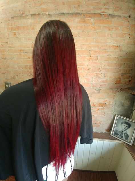 Crimson Red balayage with dark black shadow root Cherry Red Hair With Shadow Root, Dark Red Hair With Shadow Root, Black Root Red Hair, Burgundy Hair Black Roots, Dark Roots With Red Hair, Red Hair With Shadow Root Dark, Dark Red Hair With Black Roots, Red With Shadow Root, Black Roots Red Ends