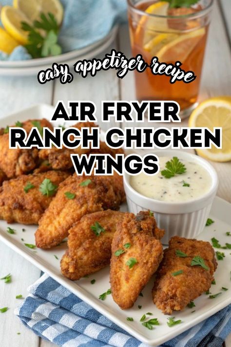 Air Fryer Ranch Chicken Wings Recipe - Easy Appetizer. Crispy and flavorful wings made in an air fryer with a creamy ranch dipping sauce. Cold Finger Foods For Parties, Ranch Wings Recipe, Wings Air Fryer Recipe, Air Fryer Ranch Chicken, Best Air Fryer Chicken Wings, Easy Finger Foods For Party, Superbowl Party Food Easy, Ranch Chicken Wings, Ranch Wings