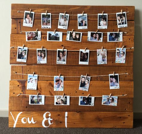 DIY pallet wood, string photo board. Polaroid, You & I Polaroid Pallet Display, Wooden Pallet Picture Display, Pallet Photo Board, Polaroid Board, Pallet Picture Display, Polaroid Pictures Display, Snack Area, Pallet Pictures, Diy Gifts For Girlfriend