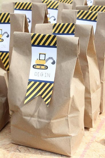 Digger Party, Digger Birthday, Construction Theme Birthday Party, Brown Paper Bags, Construction Theme Party, Construction Birthday Party, Boy Birthday Party Themes, Food Tags, Construction Birthday Parties