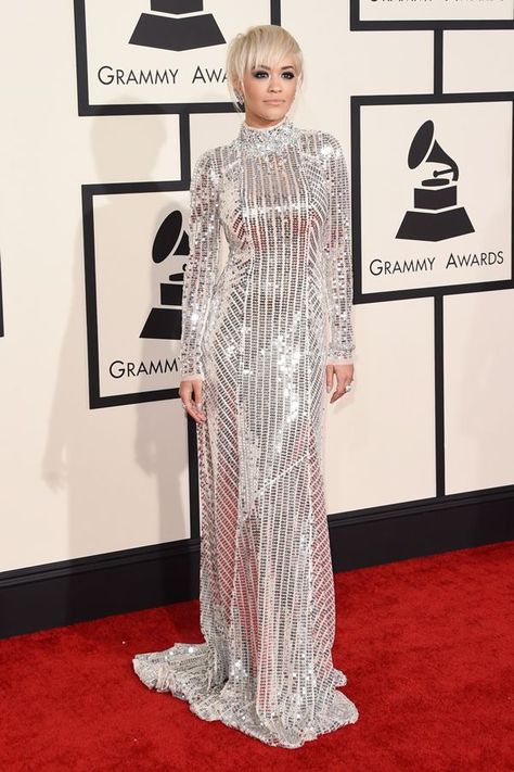 Grammys 2015, Grammy Red Carpet, Grammy Awards Red Carpet, Grammys Red Carpet, Long Sleeve Gown, Rita Ora, Silver Dress, Celebrity Look, Grammy Awards