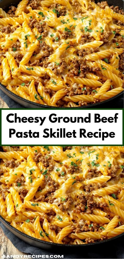 Need an effortless dinner recipe? The Cheesy Ground Beef Pasta Skillet is your go-to dish! With minimal prep and cook time, it’s a delicious and satisfying meal that guarantees smiles at the dinner table. Ground Beef Pasta Skillet, Dinner Ideas For Parties, Cheesy Ground Beef Pasta, Tasty Ground Beef Recipes, Beef Ground Recipes, Cheesy Ground Beef, Beef Dinner Ideas, Ground Recipes, Easy Beef Recipes