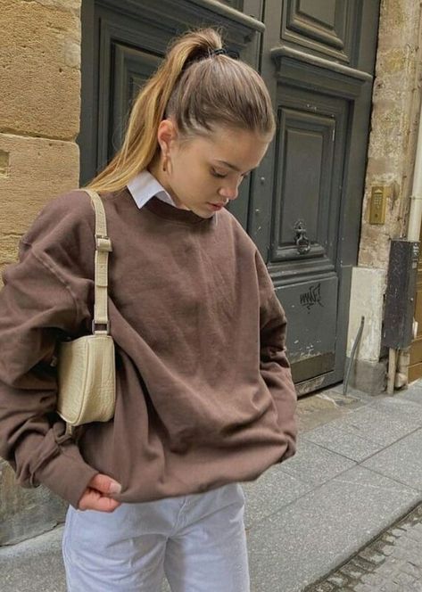 Collared Shirt Outfit Aesthetic, Collared Shirt And Sweater Outfit, Brown Crewneck Outfit, Collar Shirt Under Sweater, Sweaters With Collared Shirts, Collar Sweater Outfit, Collar Under Sweater, Shirt Sweater Outfit, Collar Shirt With Sweater