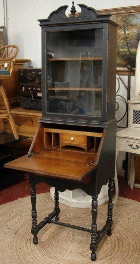 Reclaimed Vintage Black Painted Highboy Small by CURIOSITYNC, $395.00 Small Secretary Desk, Painted Secretary Desks, Secretary Desk Makeover, Painted Secretary, Antique Bookshelf, Secretary Desk With Hutch, Vintage Secretary Desk, Antique Secretary Desks, Antique Secretary