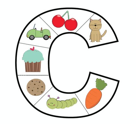 There is a letter C picture puzzle. I usually make this magnetic and use a cookie sheet to make the puzzle easier to use. But it can be adapted to the Interactive Notebook. Farm Curriculum, Preschool Center Signs, Letter C Crafts, Preschool Alphabet Letters, Reading Foundational Skills, Preschool Puzzles, Phonics Activity, Picture Puzzle, Alphabet Phonics