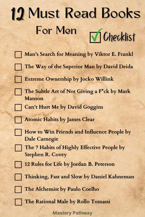 12 Must Read Books for Men Checklist Printable Masculine Books, Books Men Should Read, Attitude Books, Books To Read For Men, Book Checklist, Websites To Read Books, Reading Checklist, Books For Men, Best Books For Men