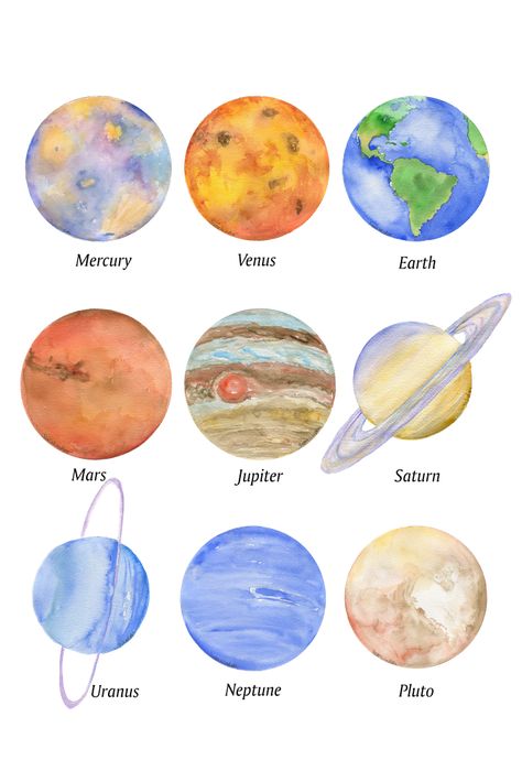 Solar System Planets Watercolor Art Print by Susan Windsor - X-Small Planets Watercolor, Solar System Painting, Planets Illustration, Solar System Art, Planet Painting, Planet Drawing, Background Space, Solar System Planets, Space Illustration