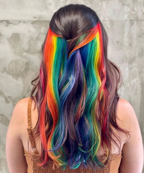 Rainbow Hair Highlights, Hidden Rainbow Hair, Hair Dye Videos, Hairstyle Hacks, Natural Dark Hair, Pastel Rainbow Hair, Rainbow Highlights, Holographic Hair, Tie Dye Hair