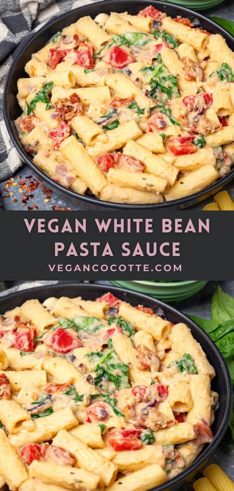 Frugal Vegan Recipes, Vegan Navy Bean Recipes, Bean Pasta Sauce, White Bean Pasta, Plant Meals, Easy Vegan Dinner Recipes, Meatless Mains, Creamy Vegan Pasta, Vegan Pasta Dish