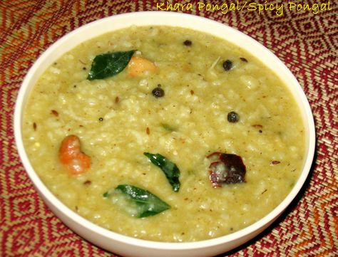 Khara Pongal is a savoury version of Pongal which is made out of Moong dal , Rice and Dry coconut . Learn to make this delicious Karnataka Style Pongal. Khara Pongal Recipe, Ven Pongal Recipe, Ven Pongal, Pongal Recipe, Easiest Breakfast, Sweet Pongal, South Indian Breakfast Recipes, South Indian Breakfast, South Indian Recipes