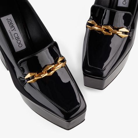 Loafers With Chain, Timeless Shoes, Patent Leather Loafers, Diamond Collection, Square Toe Heels, Shoes Luxury, Jimmy Choo Shoes, Footwear Design Women, Designer Boots