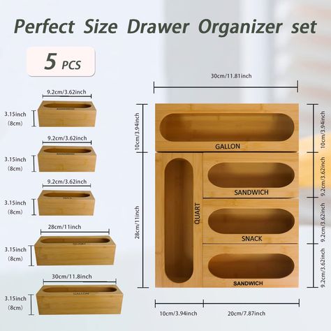 Ziplock Bag Storage Organizer for Kitchen, 5 in 1 bamboo Bag Storage Organizer Drawer–Food Storage Bag Holders : Amazon.ca: Home Ziploc Organization, Bag Organizer Diy, Ziplock Bag Organizer, Ziplock Bag Storage, Organizer For Kitchen, Ziploc Bag, Organization And Cleaning, Bamboo Box, Organizer Diy