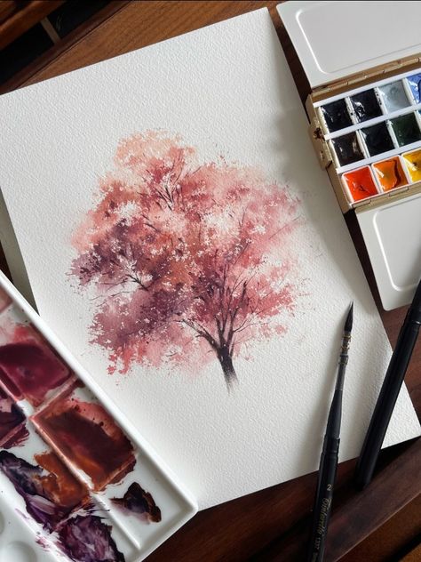 Blossom Tree Watercolour, Cherry Blossom Tree Watercolor Painting, Sakura Tree Watercolor, Sakura Watercolor Painting, Cherry Tree Watercolor, Infp Istp, Cherry Blossom Watercolor Painting, Sakura Watercolor, Sakura Painting