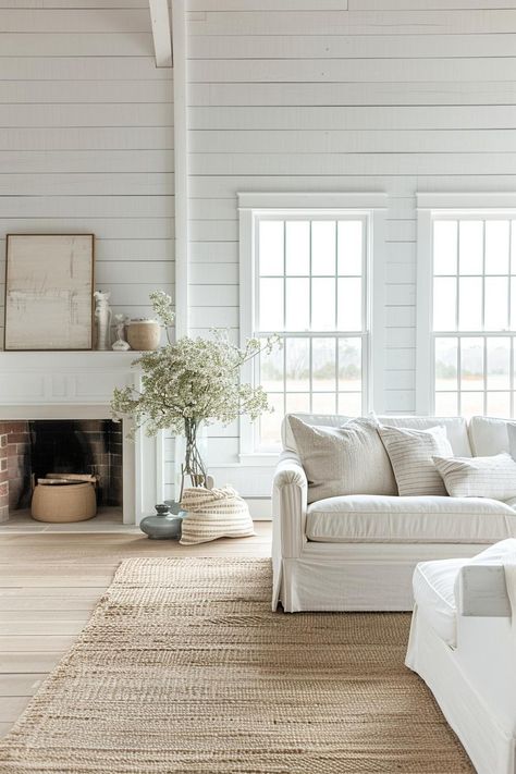 Bright Farmhouse Living Room, Cozy Airy Living Room, Shiplap Farmhouse Living Room, Light And Airy Living Room Cozy, White Shiplap Walls Living Room, Shiplap Living Room Farmhouse Style, White Shiplap Living Room, Shiplap Fireplace Wall, White Shiplap Walls