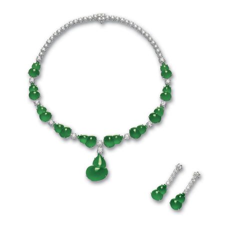 IMPORTANT JADEITE 'GOURD' AND DIAMOND NECKLACE AND PAIR OF MATCHING PENDENT EARRINGS | Lot | Sotheby's Gem Necklace, Jade Bracelet, Green Diamond, Art Old, Jade Jewelry, Emerald Jewelry, Exquisite Jewelry, High Jewelry, Gourds