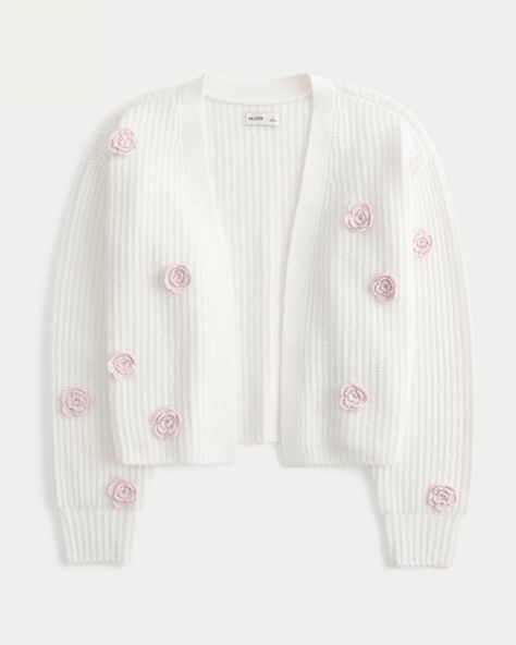 Women's Hollister Comfy Cloud Floral No-Close Cardigan | Women's Tops | HollisterCo.com Popular Girl Aesthetic, Hollister Cardigan, Heart Cardigan, Png Clothes, Walk In Wardrobe, Cozy Cardigan, Floral Applique, White Heart, Fashion Icon