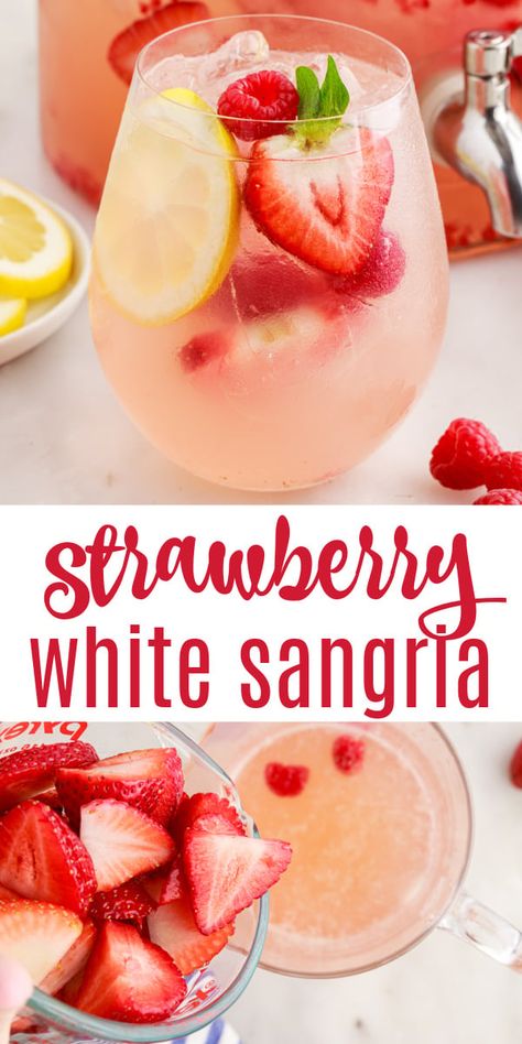 3 Ingredient Sangria, Bridal Shower Sangria Bar, Simple Sangria Recipe White, White Wine Sangria With Vodka, Memorial Day Sangria, Sangria Station Ideas, Strawberry Sangria Recipes Easy, White Sangria With Vodka, Spring Sangria Recipes White Wines