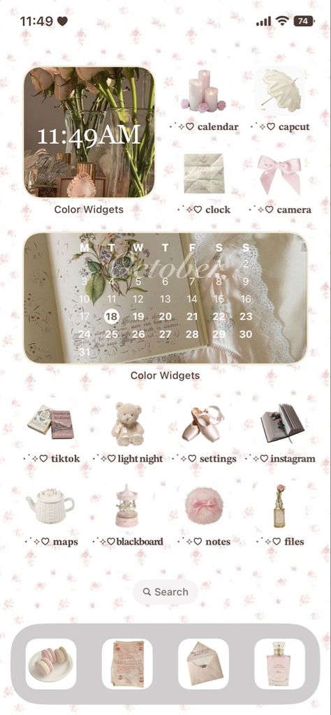 Done by myself😇 Aesthetic Ios Home Screen Ideas, Home Screen Coquette, Coquette Ipad, Apps Layout, Coquette Ios, Ios Home Screen Ideas, Coquette Theme, Iphone Customization, Phone Decorations