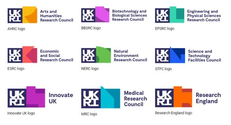 Group of related logos for UKRI sub brands Sub Brands Logo, Sub Logo Design Ideas, Subbranding Logo, Sub Brand Logo Design, Sub Branding, Brand Examples, Tetherball, Museum Branding, Ux App Design