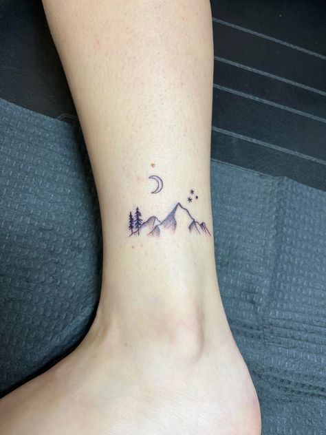 Star And Mountain Tattoo, Trees And Stars Tattoo, Mountain And Stars Tattoo Simple, Mountain With 3 Stars Tattoo, Mountains On Ankle Tattoo, Mountains And Stars Tattoo, Mountain Tattoo With Moon, Tree And Mountain Tattoo, Mountain Range Ankle Tattoo