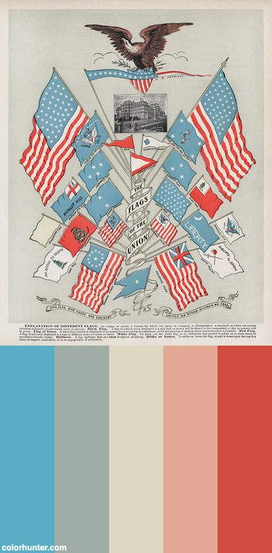 The Flags Of The Union (1901), A Vibrantly Colored Illustration Of Various Usa Flags And A Bald Eagle Perched On Top. Digitally Enhanced From The Original Plate. Color Scheme from colorhunter.com Vintage Americana Color Palette, Fourth Of July Color Palette, Patriotic Graphic Design, Patriotic Color Palette, 4th Of July Color Palette, Americana Color Palette, Western Color Palette, Americana Design, July Colors