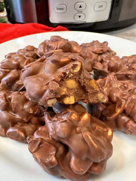 Crock Pot Peanut Clusters Chocolate Covered Nuts Clusters Crock Pot Candy, Crock Pot Peanut Clusters, Peanut Clusters In Crockpot, Crockpot Candy Recipes, Chocolate Nuts Clusters, Chocolate Peanut Clusters, Chocolate Covered Nuts, Chocolate Clusters, Easy Christmas Candy Recipes