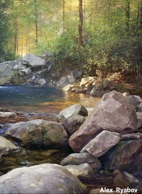 Rocks In Water Painting, Birds Scenery, Watercolor Rocks, Stream Painting, Mossy Rocks, Magical Landscape, Rock And Pebbles, Watercolor Pictures, Landscape Art Painting