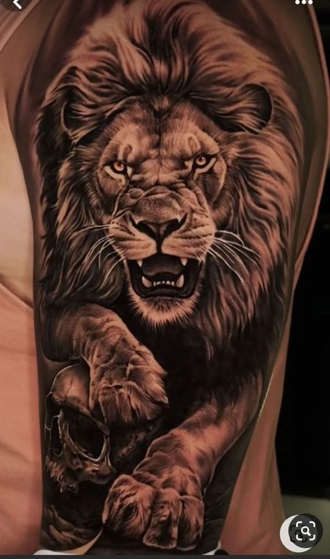 Realistic Animal Tattoo Design, Lion Arm Tattoo Men Sleeve, Roaring Lion Tattoos For Men, Cross Tattoo Back Of Neck, Lion Warrior Tattoo, Realistic Animal Tattoos, Lion Tattoo Men, Lion Sleeve Tattoo, Tattoo Buddhist