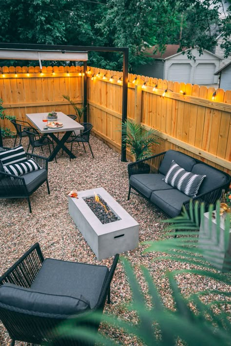 Sharing our backyard makeover over on VV! We wanted it to feel lush even though we were tearing up the grass so we partnered with @harvestpower (#sponsored) to fill the space with big plants! Click through to see what it looked like before (😬) as well as some process pics! Small Patio Design, Gravel Patio, Budget Patio, Backyard Inspo, Small Backyard Patio, Small Backyard Pools, Budget Backyard, Backyard Makeover, Small Backyard Design