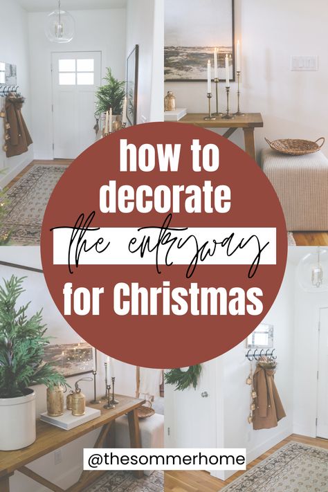 A warm and inviting Christmas entryway with tons of Christmas decorating ideas! Xmas Entryway Ideas, Christmas Entry Way Ideas, Christmas Foyer Decor Entryway, Christmas Entryway Bench, Entry Way Christmas Decor Ideas, Entryway Christmas Decor Entry Tables, Entrance Table Christmas Decor, Foyer Christmas Decor Entryway, Christmas Entryway Decor Front Entry