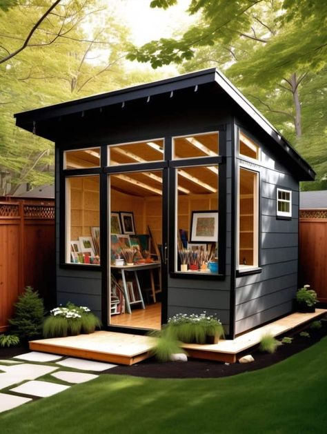 27 Backyard Sheds that Blend Functionality with Design - Peak Patio Life Art Shed Ideas Backyard Studio, Storage For Art Supplies, Backyard Art Studio, Contemporary Sheds, Sheds Ideas Backyard, Office Shed, Sloped Roof, Shed Office, Art Shed