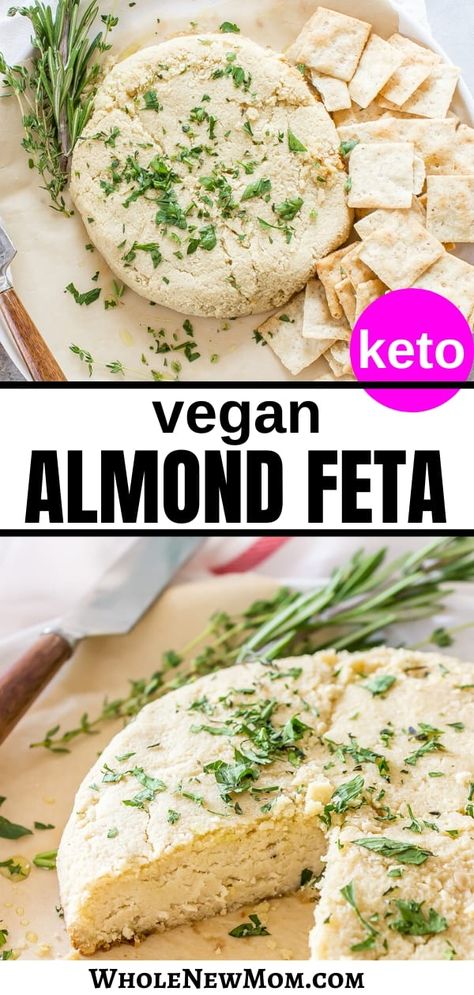 Looking for a vegan cheese alternative? Try this Easy Baked Almond Feta Cheese! Amazingly easy with only 6 ingredients--#vegancheese #paleocheese #lowcarb #dairyfreecheese #bakedalmondfeta Aip Cheese Recipe, Raw Almond Recipes, Almond Feta Vegan, Almond Cheese Recipe, Paleo Cheese, Ella Vegan, Almond Cheese, Mini Peppers, Cheese Alternative