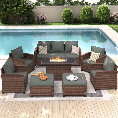 Amazon.com: VONZOY Outdoor Patio Furniture Set with Fire Pit Table, 8 Pieces Patio Set with 44" fire Pit Table, All-Weather Wicker Rattan Sofa Ottoman with Thick Cushions for Garden Backyard Deck, Dark Grey : Patio, Lawn & Garden Sofa Ottoman, Grey Patio, Table 8, Outdoor Patio Furniture Sets, Patio Furniture Set, Garden Backyard, Backyard Deck, Rattan Sofa, Ottoman Sofa