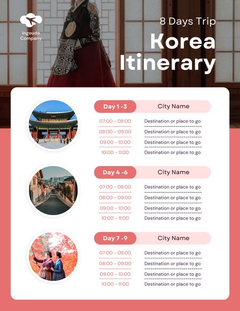 Plan your Korean adventure with ease using our "Pink White Simple Modern Korea Travel Itinerary Planner." This stylish and user-friendly design helps you organize your travel plans with a touch of modern elegance. Perfect for ensuring a smooth and memorable trip. Download now and start planning your journey through Korea with confidence! Korean Travel, Streets Of Seoul, Itinerary Design, Travel Itinerary Planner, Itinerary Planner, Minimalist Travel, Create Memories, Korea Travel, Travel Planning