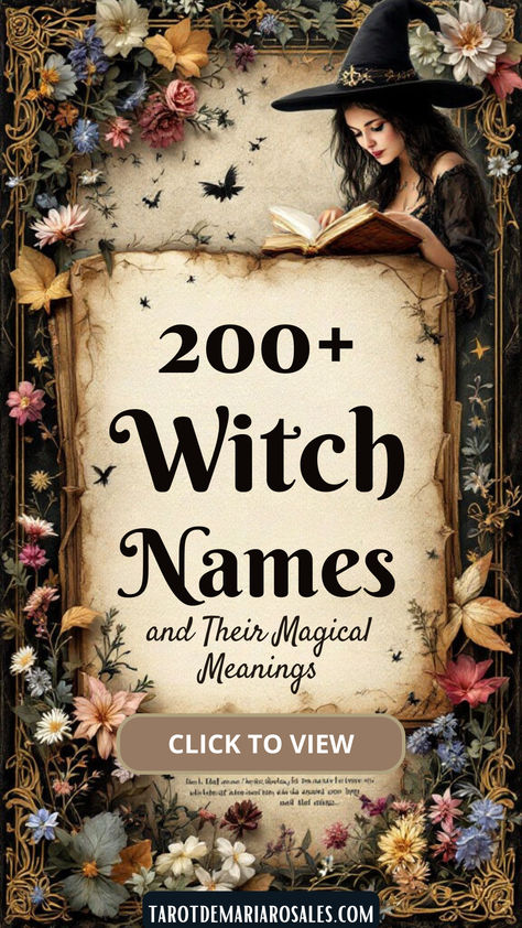 Explore over 200 witch names, each with its own unique magical meaning. Whether you're naming a character, adopting a magical persona, or just curious about witchy lore, these names will inspire and captivate you. Discover the perfect name that resonates with your mystical side! 🌙🖤 Witches Names Woman, Magical Surnames, Witchy Hobbies, Witchy Names, Witchy Recipes, Magic Library, Names And Their Meanings, Spiritual Names, Wicca Spells