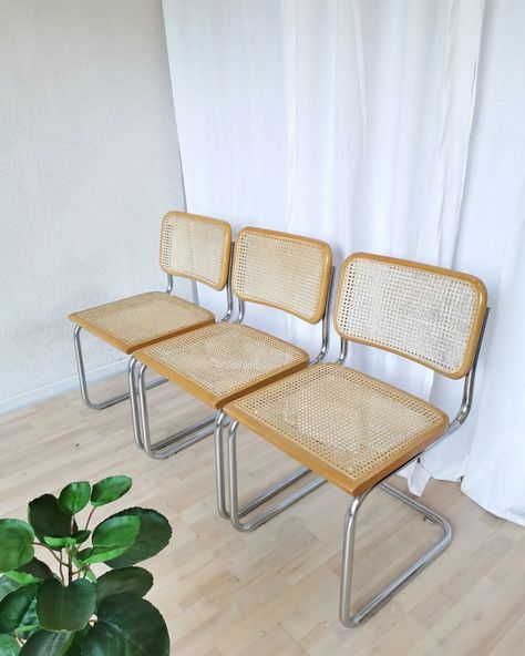 Available for sale. 🧺🧺🧺 Vintage dining Cesca chairs. Light brown wood with chrome tubular frame and cane seat and backrest. The classy Cesca Chair was designed in 1928 by Marcel Breuer. In that time, it was the first such tubular-steel frame caned seat type of chair that was mass-produced. One of the original ones from that time sits in MoMA. It is known as one of the most important chairs of the 20th century. #cescachair #cescachair #marcelbreuer #marcelbreuerchair #canechairs #dinechair ... Marcel Breuer Chair, Cesca Chair, Mid Century Office, Chrome Chair, Cane Chair, Marcel Breuer, Tubular Steel, Furniture Dining Chairs, Brown Wood