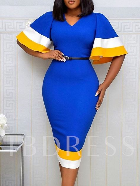 Mid-Calf Patchwork Half Sleeve V-Neck Flare Sleeve Women's Dress Elegant Bodycon Dress, Womens Sheath Dress, Women Bodycon Dress, Fitted Midi Dress, Bodycon Dress With Sleeves, Half Sleeve Dresses, V Neck Midi Dress, Rock Design, Necklines For Dresses