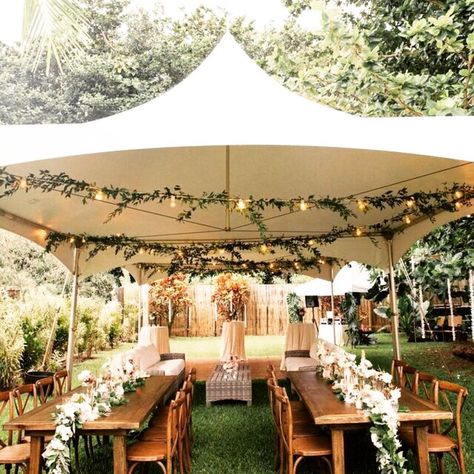 Kauai Tent 🎪 on Instagram: “Throwback Thursday #20x20marquee under the direction of @tietheknothawaii florals by @flowersbyemmakauai 📷credit: @abbyandlauren…” Bridal Shower Tent, Bridal Shower Inspo, Kauai Wedding, Communal Table, Shower Tent, 50th Party, Hawaiian Wedding, Maui Weddings, Outdoor Tent