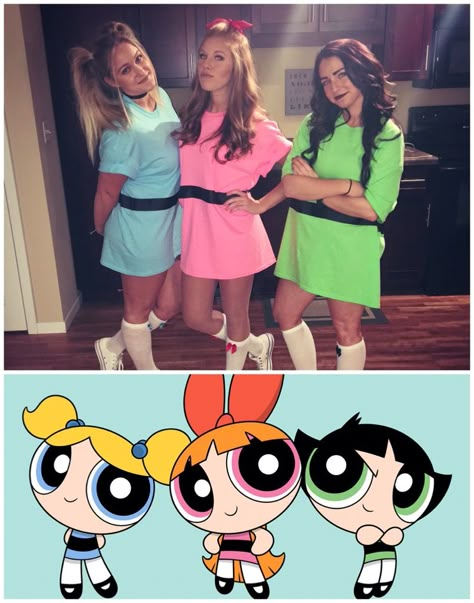 Powerpuff girl halloween costumes Throwback Halloween Costumes, Powerpuff Girls Halloween Costume, Girl Group Halloween Costumes, Powerpuff Kızları, Diy Group Halloween Costumes, Powerpuff Girls Costume, Best Group Halloween Costumes, Trio Costumes, Bff Halloween Costumes