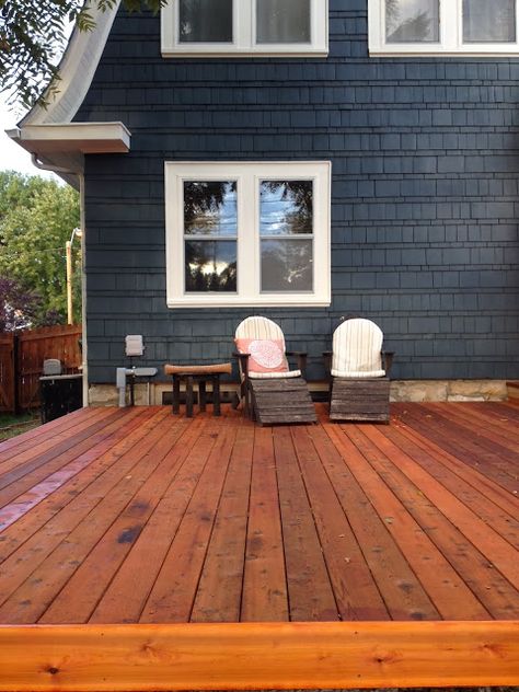 Cedar deck: Penofin Blue Label in Sierra Deck Stain Ideas For Blue House, Deck Stain Blue House, Deck Colors For Dark Blue House, Blue House With Front Porch, Blue House With Deck, Deck Colors For Blue House, Dark Blue House Exterior With Wood, Redwood Deck Stain, Deck Colours