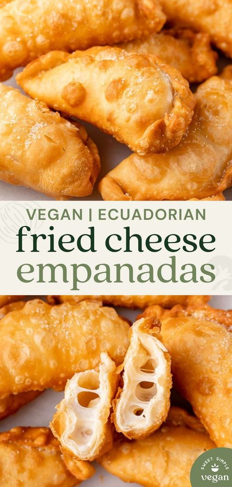 These golden and flaky fried vegan cheese empanadas are simple to make, delicious, and make the perfect party food or snack! #ecuadorian #ecuatoriano #sweetsimplevegan #vegan #friedcheeseempanadas #cheeseempanadas #empanadas #ecuador Tofu Empanadas Recipe, Empanadas Vegetarian, Cheese Empanadas Recipe, Vegan Picnic, Cheese Empanadas, Ecuadorian Food, Vegan Appetizer, Diet Diary, Fried Cheese