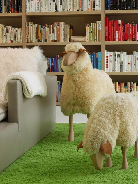 A pair of wooden sheep "graze" on the custom green wool rug in this modern upstairs library. Georgian Restaurant, Street Townhouse, Sheep Crafts, Куклы American Girl, Sheep Art, Counting Sheep, Modern Library, Sheep And Lamb, A Sheep