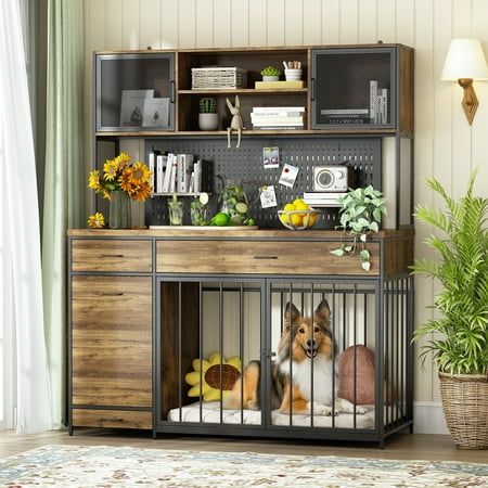 This wooden dog crate furniture has a large tabletop that you can display your cute dog photos. And it equipped with 4 drawers for categorized storage and can hide items from sight and make your home more tidy. The taller one is perfect for grain storage bins. The shelves make all items visible and easy to access. We designed a DIY metal board with holes for this cabinet, you can set some small decorative or storage pieces with magnets or hooks according to your preference or needs. Both mesh doors on the top and the mesh sides can hold small hooks to hang some items.Make your cabinet unique! Discover the Ultimate Space-Saving Solution with our Large Dog Crate Combined with a Powerful Storage Cabinet! This innovative piece of furniture is not only a spacious dog crate but also a versatile Large Dog Crate Furniture, Laundry Garage, Extra Large Dog Crate, Crate Side Table, Kennel Furniture, Garage Storage Cabinet, Diy Space Saving, Wooden Dog Crate, Furniture With Storage