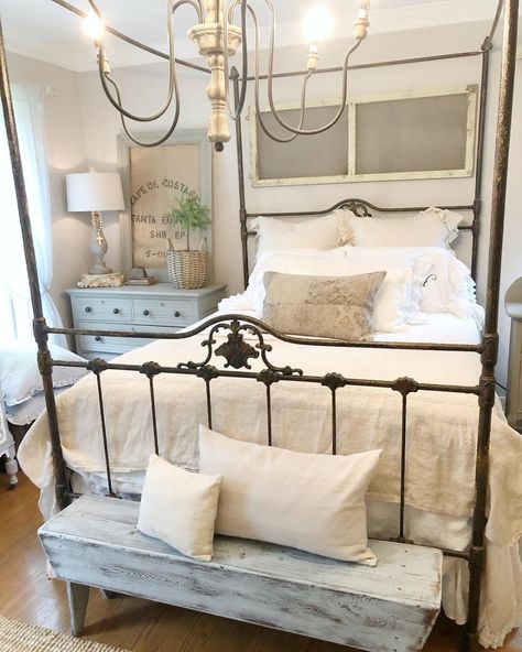 334 Vintage Bedroom Ideas for Your Home Improvement Project This Fall - Page 2 of 14 Farmhouse Rustic Bedroom, White Night Table, Light Blue Bedding, Rustic Bedroom Ideas, Vintage Bedroom Ideas, Rustic Farmhouse Bedroom, Wrought Iron Beds, Canopy Bed Frame, Sunday Friends