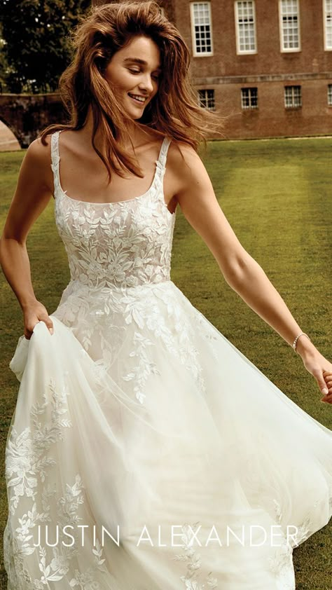 Breathtaking and timeless, this traditional tulle ball gown features a contemporary square neckline with a classy V-back. The illusion bodice is accented with a Chantilly lace underlay adorned with beaded lace appliqués that flow down the skirt and are carefully placed along the chapel length train. For a more modest look, this wedding dress is also available with the bodice lined to the side seams. Square Neckline Wedding Dress, Tulle Ball Gown Wedding Dress, Romantic Winter Wedding, Neckline Wedding Dress, Aline Wedding Dress, Pretty Wedding Dresses, Tulle Ball Gown, Dream Wedding Ideas Dresses, A Wedding Dress