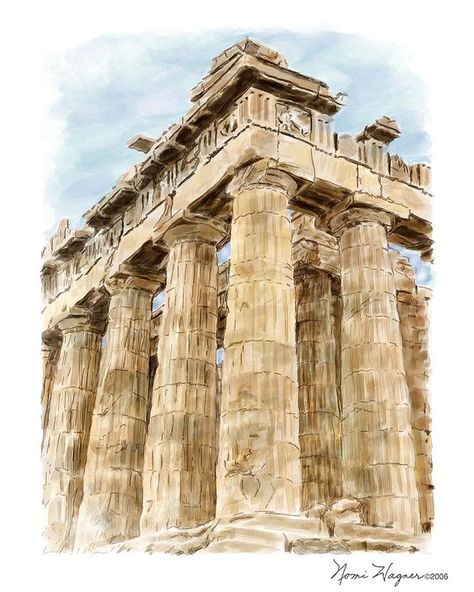 A corner of the Parthenon on the Acropolis of Athens, Greece, painted by watercolor artist, Nomi Wagner. Greece Painting, The Parthenon, My Bucket List, Gloomy Day, Lovely Day, Athens Greece, Brooklyn Bridge, Athens, Art History