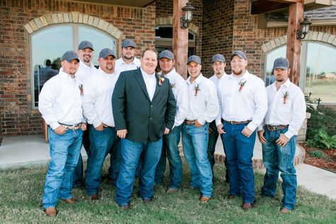 Country Wedding, Baseball hats, Blue jeans, White Button down, shot gun shell boutonnieres Groomsmen Baseball Hats, Groomsmen Hats Baseball Wedding Ideas, Groomsmen Jeans, Blue Jean Wedding, Dark Weddings, Wedding Baseball, Jeans Wedding, Outdoor Country Wedding, Party Jeans